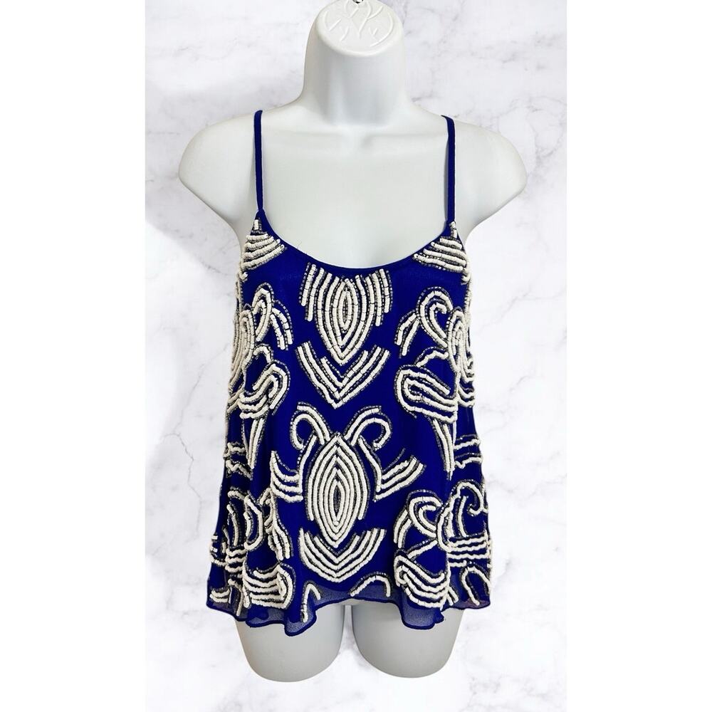 Yumi Kim Beaded Embroidered Cami Tank Sz XS Blue White Unique Fashion Blouse